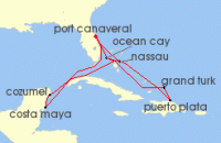 Cruise itinerary map for MSC Cruises 14 Night Caribbean & Bahamas (142190)