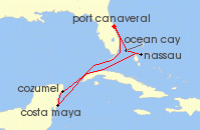 Cruise itinerary map for MSC Cruises 7 Night Caribbean & Bahamas (142203)