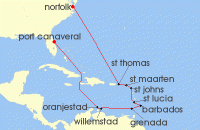 Cruise itinerary map for Carnival Cruises 15 Night Southern Caribbean (138728)