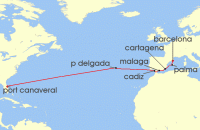 Cruise itinerary map for Royal Caribbean Cruises 14 Night Spain & Portugal Transatlantic (127704)