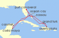 Cruise itinerary map for MSC Cruises 15 Night Caribbean & Bahamas (142200)
