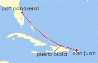 Cruise itinerary map for Norwegian Cruise Line 3 Night Caribbean from Orlando to San Juan: Puerto Plata (141847)