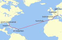 Cruise itinerary map for MSC Cruises 16 Night MSC Grand Voyages (131454)