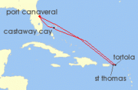 Cruise itinerary map for Disney Cruise Line 7 Night Eastern Caribbean Cruise From Port Canaveral (124444)