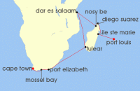 Cruise itinerary map for Regent Seven Seas Cruises 16 Night Stunning Beaches & The Big Five Port Louis To Cape Town (141863)