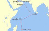 Cruise itinerary map for Regent Seven Seas Cruises 15 Night Seychelles To Sands Port Louis To Doha (139201)