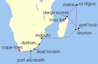 Cruise itinerary map for AIDA 28 Nacht Sudafrika, Seychellen, Mauritius & Madagaskar 1 (129780)