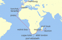 Cruise itinerary map for AIDA 33 Nacht Von Mauritius nach Hamburg (141533)