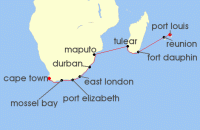 Cruise itinerary map for Regent Seven Seas Cruises 15 Night Southeast Africa Unveiled Port Louis To Cape Town (123516)