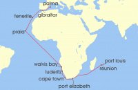 Cruise itinerary map for AIDA 27 Nacht Von Mauritius uber Sudafrika nach Mallorca 2 (130352)