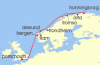 Cruise itinerary map for Saga Cruises 17 Night Northern Lights and Arctic Vistas (140680)