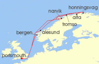 Cruise itinerary map for Saga Cruises 16 Night The Northern Lights and Arctic Circle (127271)