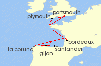 Cruise itinerary map for Ambassador Cruise Line 10 Night Delights Of Western France & Spain Explorer (126509)