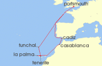 Cruise itinerary map for Saga Cruises 14 Night Casablanca and Canary Island Duo (140679)