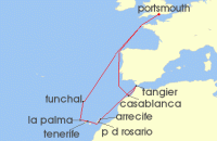 Cruise itinerary map for Saga Cruises 15 Night A Taste of Morocco and the Canaries (127418)