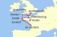 Cruise itinerary map for Ambassador Cruise Line 9 Night Seaside Charms: From Cherbourg To Guernsey (135780)