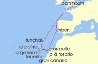 Cruise itinerary map for Saga Cruises 15 Night Contrasts of the Canaries (132640)