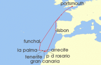 Cruise itinerary map for Saga Cruises 15 Night Canary Island Wonders (132628)