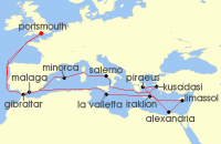 Cruise itinerary map for Saga Cruises 27 Night Egypt and the Eastern Mediterranean (140485)