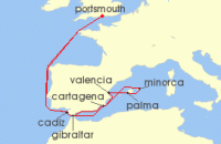 Cruise itinerary map for Saga Cruises 15 Night The Balearics and Western Mediterranean (140681)