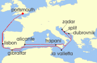 Cruise itinerary map for Saga Cruises 20 Night Charms of Croatia and the Mediterranean (132755)
