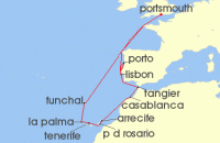 Cruise itinerary map for Saga Cruises 18 Night Portugal, Morocco and the Canaries (132635)