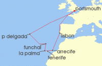 Cruise itinerary map for Saga Cruises 14 Night The Canary Islands and Ponta Delgada (127421)