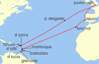 Cruise itinerary map for Saga Cruises 30 Night A Caribbean Christmas (137567)