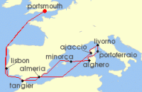 Cruise itinerary map for Saga Cruises 17 Night Vistas of the Mediterranean (132744)