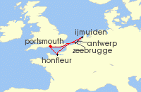 Cruise itinerary map for Ambassador Cruise Line 6 Night Escape To Belgium, France & Holland (126510)