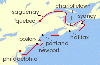 Cruise itinerary map for Norwegian Cruise Line 10 Night Canada & New England from Quebec City to Philadelphia (136905)
