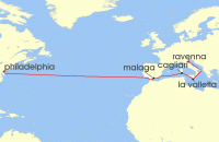 Cruise itinerary map for Norwegian Cruise Line 13 Night Transatlantic From Venice to Philadelphia: Spain, Malta & Sardinia (131610)