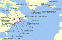 Cruise itinerary map for Seabourn 34 Night Fire & Ice Passage & Canadas Fall Foliage (138396)
