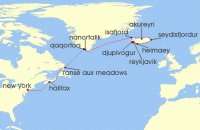 Cruise itinerary map for Viking Cruises 14 Night Iconic Iceland, Greenland & Canada (91106)