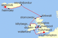 Cruise itinerary map for Regent Seven Seas Cruises 14 Night British Isles Discovery Reykjavik To London (Southampton) (130097)