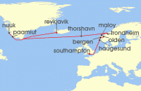 Cruise itinerary map for Regent Seven Seas Cruises 16 Night Picture Perfect Fjords Reykjavik To London (Southampton) (136895)