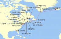 Cruise itinerary map for Azamara Cruises 26 Night Cruise Iceland & Canada Cruise: Reykjavik, Quebec & Halifax (125141)