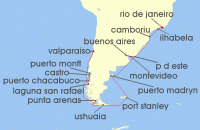 Cruise itinerary map for Crystal Cruises 25 Night South America - Rio de Janeiro To Valparaiso (133676)