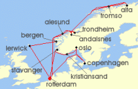 Cruise itinerary map for Holland America Line 21 Night Norway Fjords & Northern Lights With History Channel (137239)