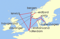 Cruise itinerary map for Holland America Line 14 Night Norwegian Fjords & Scotland With History Channel (135409)