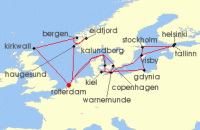 Cruise itinerary map for Holland America Line 21 Night Fjords, Scotland & The Baltics Collectors Voyage (124615)