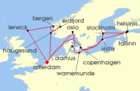 Cruise itinerary map for Holland America Line 21 Night Scandinavian Fjords & Capitals With History Channel (135410)