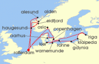 Cruise itinerary map for Holland America Line 21 Night Oktoberfest With Norwegian Fjords Collectors Voyage (139458)