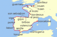 Cruise itinerary map for Windstar Cruises 24 Night Star Collector: French Elegance and Spanish Flair (142094)