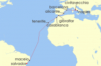 Cruise itinerary map for MSC Cruises 16 Night MSC Grand Voyages (139700)