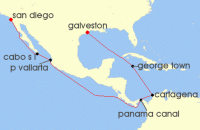 Cruise itinerary map for Disney Cruise Line 14 Night Eastbound Panama Canal Cruise From San Diego Ending In Galveston (138545)