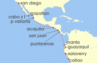 Cruise itinerary map for Crystal Cruises 15 Night The Americas & Caribbean - San Diego To Callao Lima (133705)