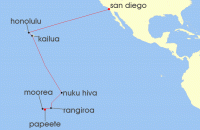 Cruise itinerary map for Oceania Cruises 16 Night Pacific Lagoons & Retreats San Diego to Papeete (120528)