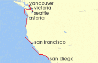 Cruise itinerary map for Norwegian Cruise Line 8 Night Pacific Coast From San Diego to Vancouver: San Francisco & Astoria (137381)