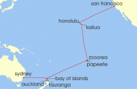 Cruise itinerary map for Cunard Line 25 Night San Francisco To Sydney (126940)